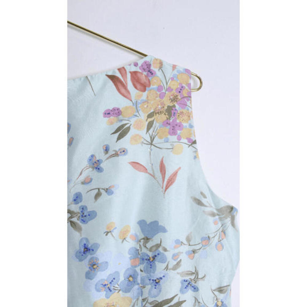 Pale Blue Colorful Floral Silk Beaded Sleeveless Sheath Dress - 18 - Picture 4 of 6